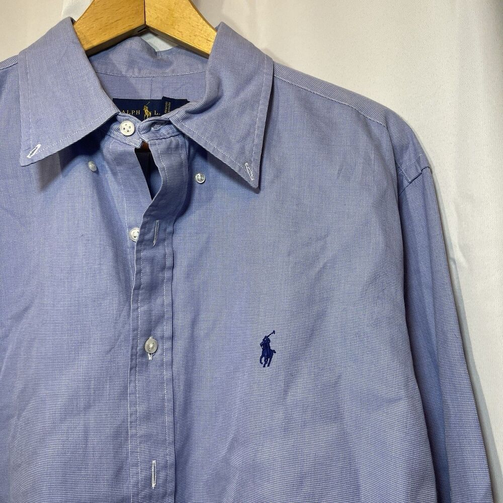 Ralph Lauren Shirt Mens 17.5 44 Blue White Micro Check Classic Fit Button Down